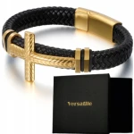 Bransoletka męska skórzana Versatile, złoty krzyż