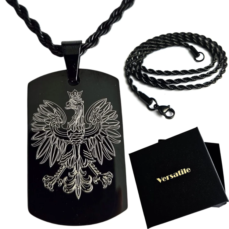 Patriotyczny CZARNY nieśmiertelnik GODŁO, Orzełek+łańcuszek czarny 50cm