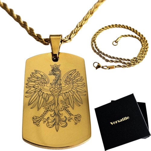 Patriotyczny ZŁOTY nieśmiertelnik GODŁO, Orzełek+łańcuszek złoty 55cm