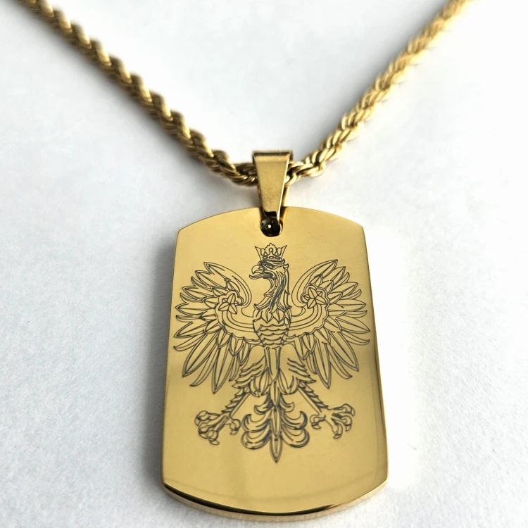 Patriotyczny ZŁOTY nieśmiertelnik GODŁO, Orzełek+łańcuszek złoty 55cm