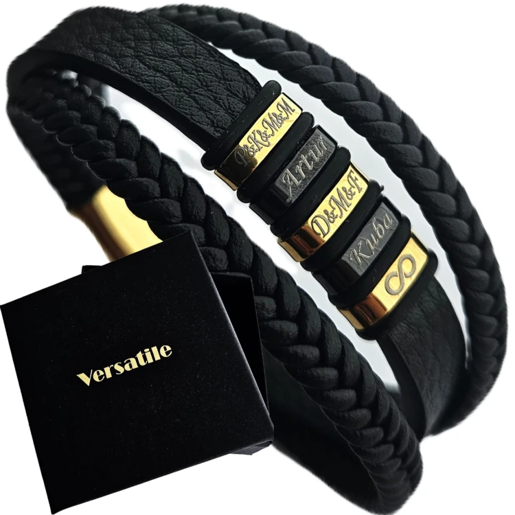 ZŁOTO-CZARNA BRANSOLETKA MĘSKA Z GRAWERUNKAMI 21cm
