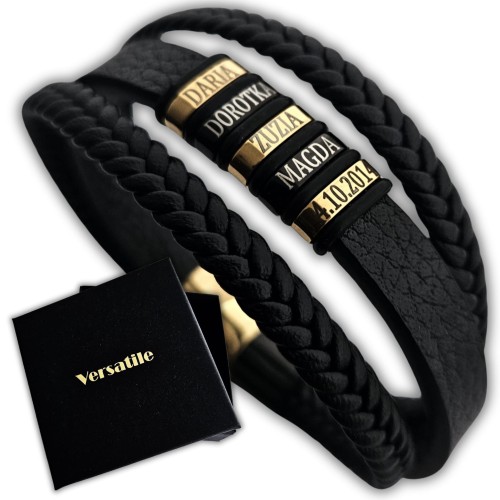 ZŁOTO-CZARNA BRANSOLETKA MĘSKA Z GRAWERUNKAMI 21cm