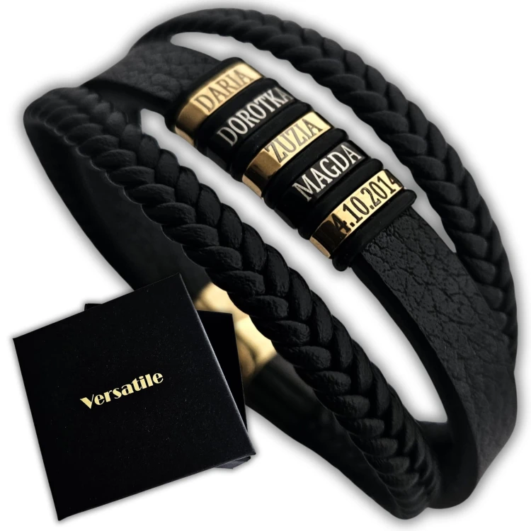 ZŁOTO-CZARNA BRANSOLETKA MĘSKA Z GRAWERUNKAMI 21cm