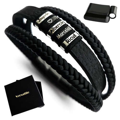 ZESTAW BRANSOLETKA MĘSKA REGULOWANA Z GRAWERUNKAMI, CZARNE ZAPIĘCIE 22-23,5cm