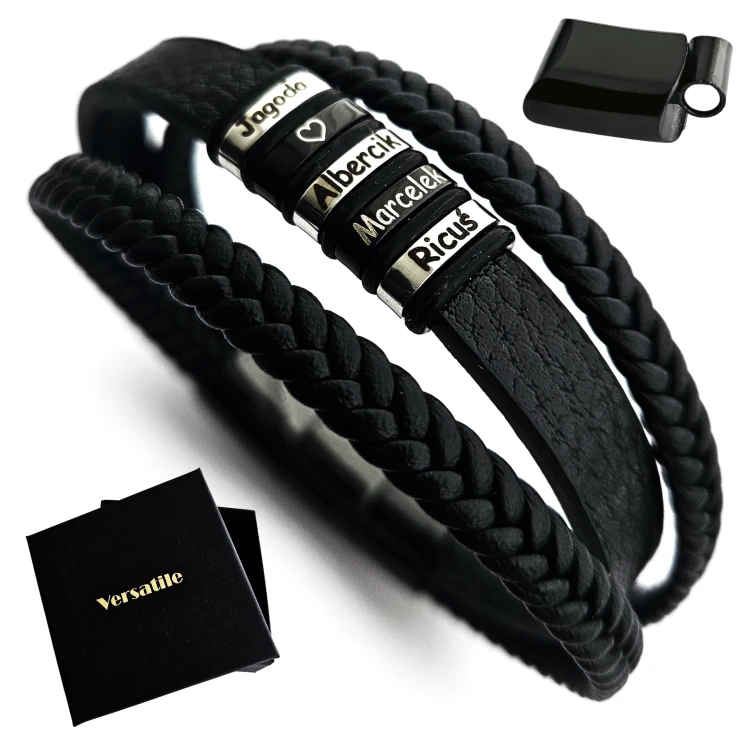 ZESTAW BRANSOLETKA MĘSKA REGULOWANA Z GRAWERUNKAMI, CZARNE ZAPIĘCIE 22-23,5cm