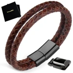 BRANSOLETKA MĘSKA PODWÓJNA REGULOWANA BRĄZOWA STAL SKÓRA JAKOŚĆ VERSATILE