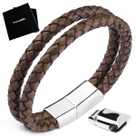 BRANSOLETKA MĘSKA PODWÓJNA REGULOWANA BRĄZOWA STALOWA SKÓRA VERSATILE