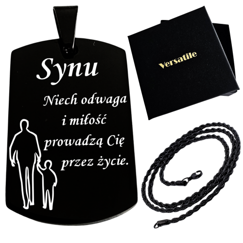 Czarny nieśmiertelnik z grawerunkiem SYNU + łańcuszek czarny 50cm