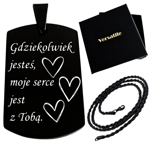 Czarny nieśmiertelnik z grawerunkiem GDZIEKOLWIEK JESTEŚ + łańcuszek czarny 55cm
