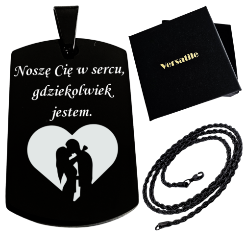 Czarny nieśmiertelnik z grawerunkiem SERCE + łańcuszek czarny 50cm
