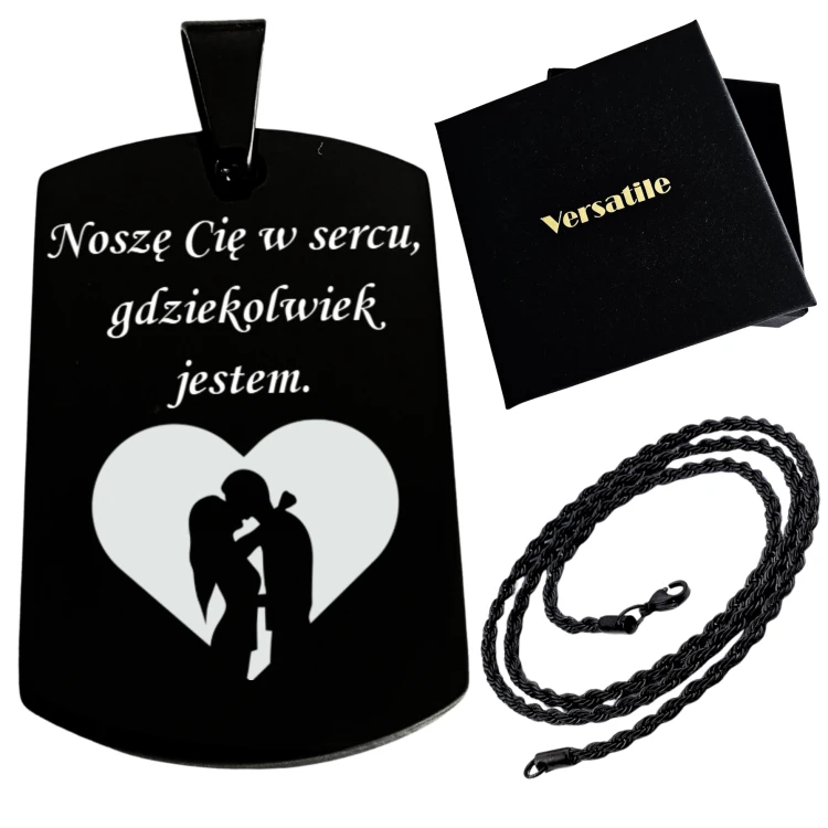 Czarny nieśmiertelnik z grawerunkiem SERCE + łańcuszek czarny 50cm