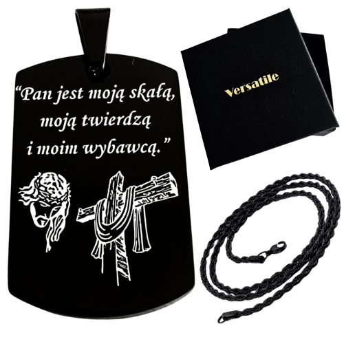 Czarny nieśmiertelnik z grawerunkiem+łańcuszek czarny 50cm