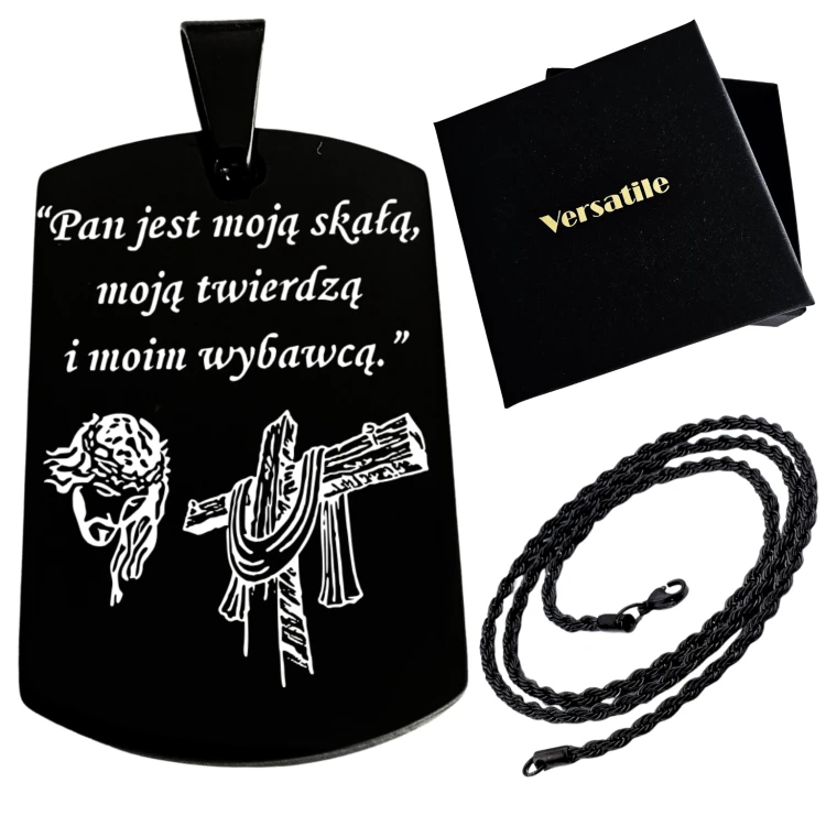 Czarny nieśmiertelnik z grawerunkiem+łańcuszek czarny 50cm
