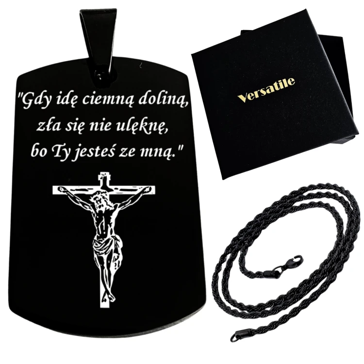 Czarny nieśmiertelnik z grawerunkiem KRZYŻ + łańcuszek czarny 50cm