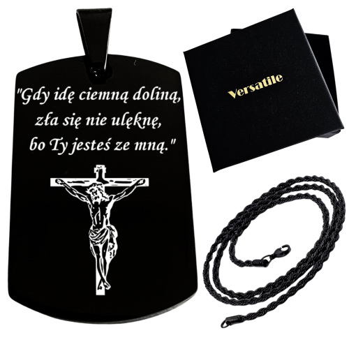 Czarny nieśmiertelnik z grawerunkiem KRZYŻ + łańcuszek czarny 60cm