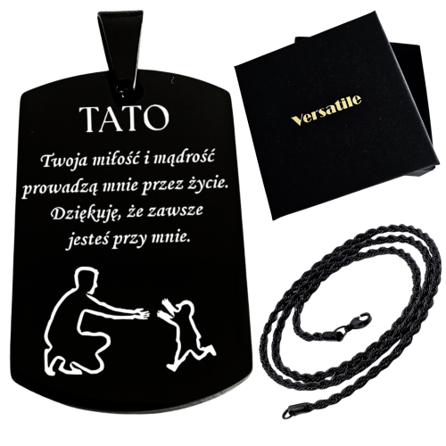 Czarny nieśmiertelnik z grawerunkiem TATO (wersja 1) + łańcuszek czarny 55cm