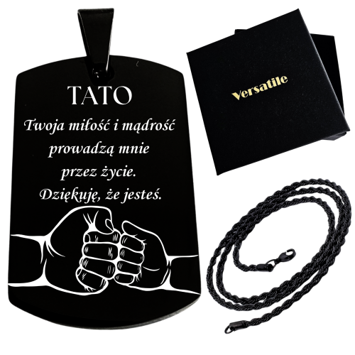 Czarny nieśmiertelnik z grawerunkiem TATO (wersja 2) + łańcuszek czarny 50cm