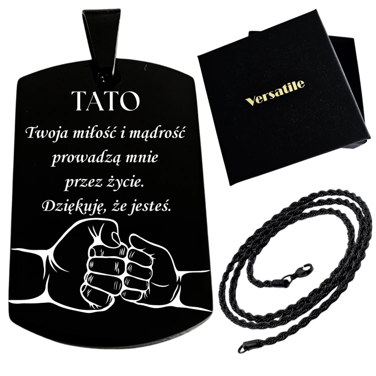 Czarny nieśmiertelnik z grawerunkiem TATO (wersja 2) + łańcuszek czarny 55cm
