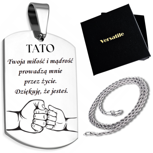Srebrny nieśmiertelnik z grawerunkiem TATO (wersja 2) + łańcuszek srebrny 50cm