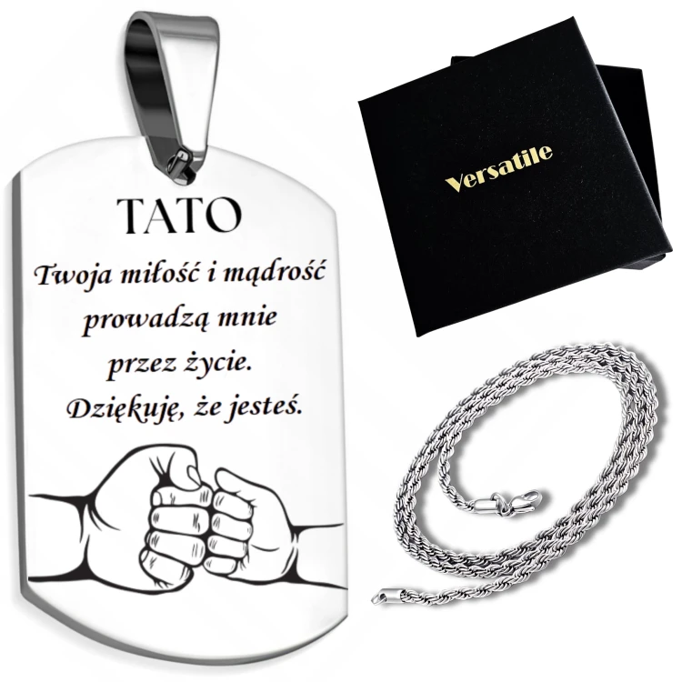 Srebrny nieśmiertelnik z grawerunkiem TATO (wersja 2) + łańcuszek srebrny 55cm