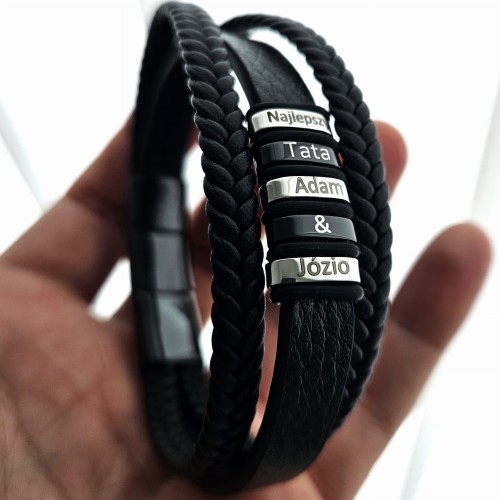 ZESTAW BRANSOLETKA MĘSKA REGULOWANA Z GRAWERUNKAMI, CZARNE ZAPIĘCIE 22-23,5cm