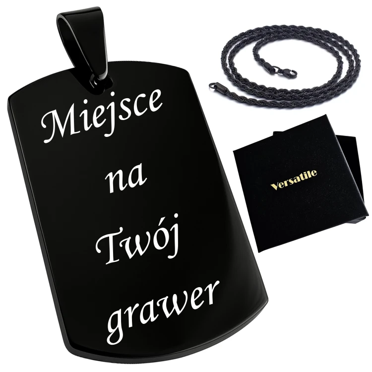 Czarny nieśmiertelnik z grawerunkiem + łańcuszek czarny 55cm