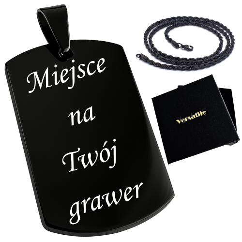 Czarny nieśmiertelnik z grawerunkiem + łańcuszek czarny 60cm
